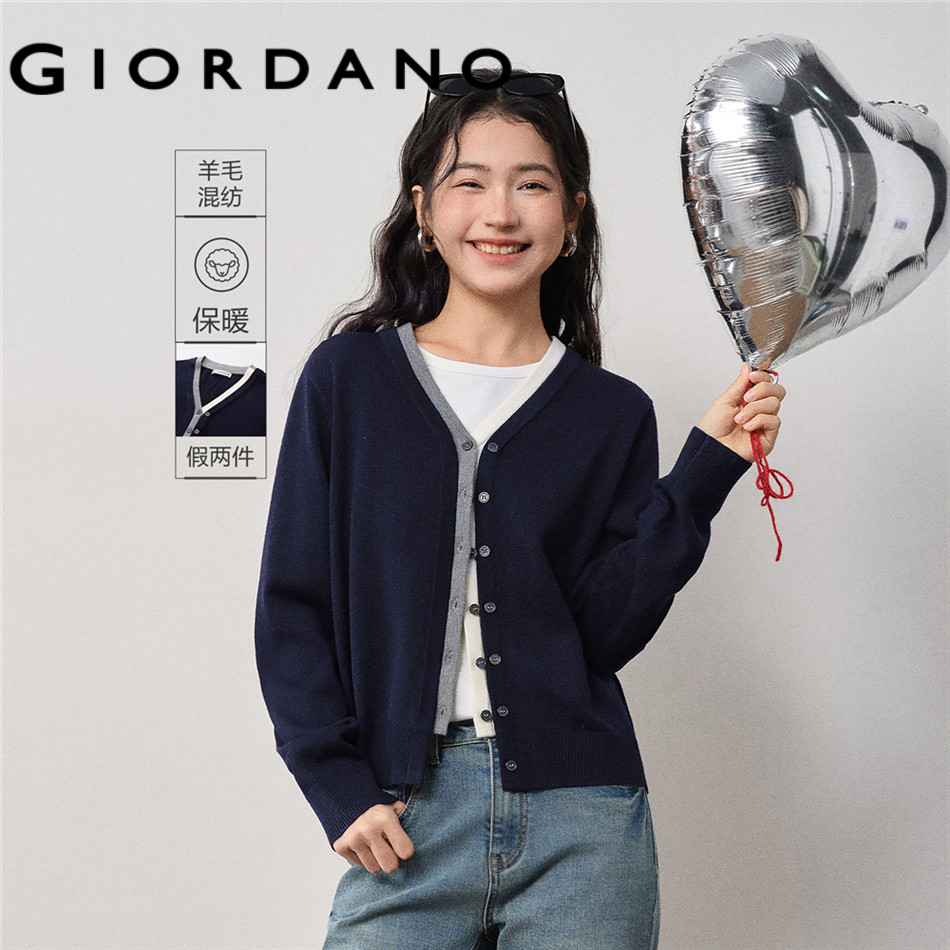 GIORDANO WOMEN Fake two-piece v-neck cardigan 18355526