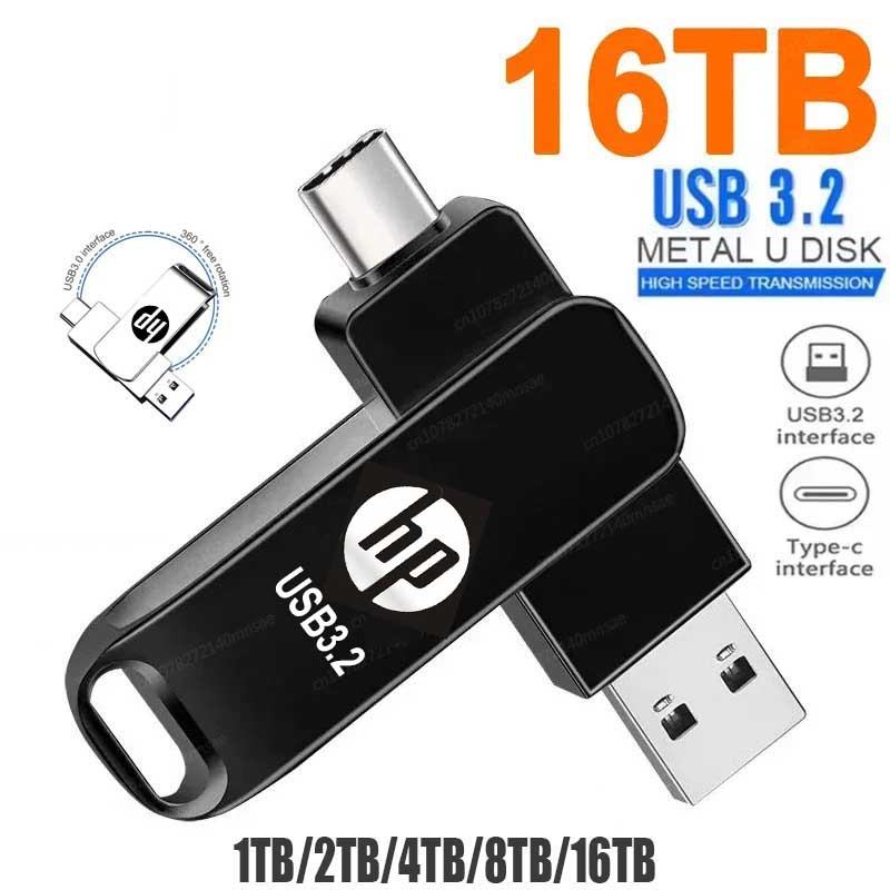 2 in 1 TYPE-C สําหรับโทรศัพท์มือถือ USB 3.2 แฟลชไดรฟ์หมุนได้สีดํา Memory Stick 1/2/4/8/16TB ไดรฟ์ปากกา Pendrive U Disk สําหรับ PC