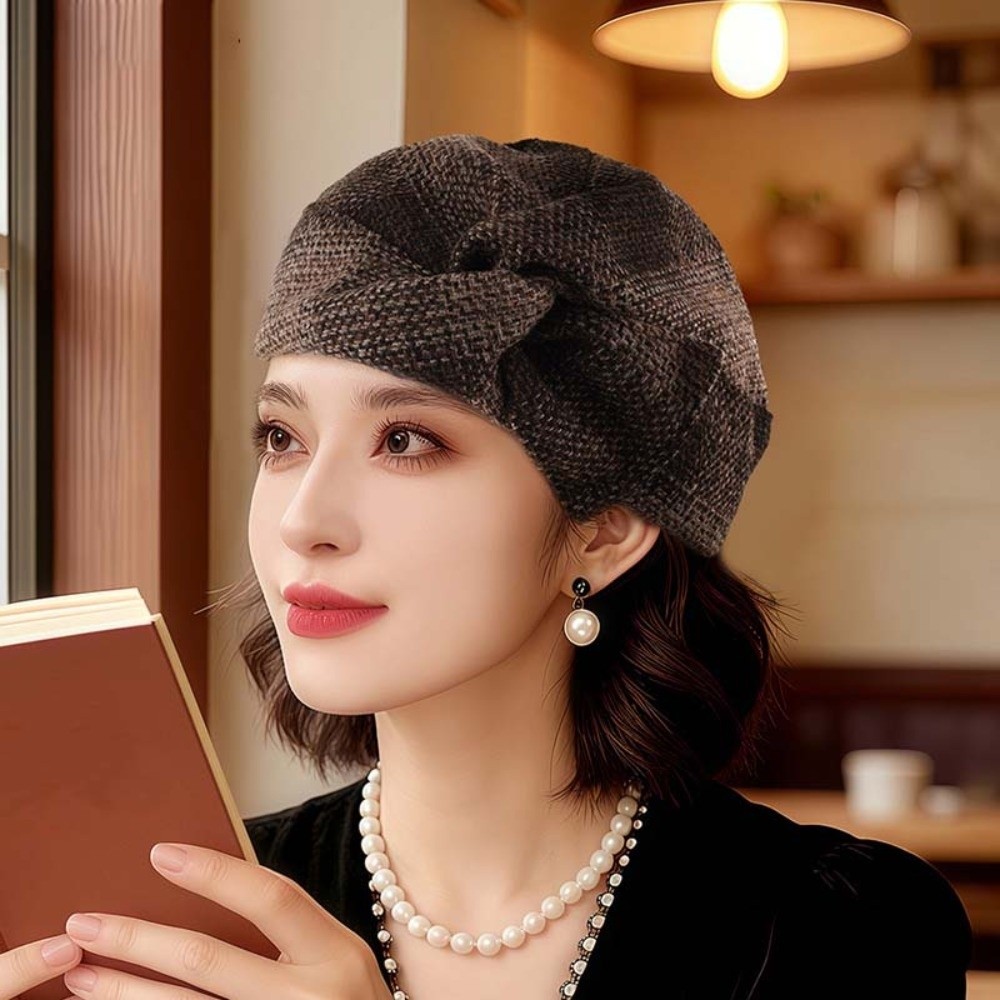 ECHOEDGE_beret_หมวกลายสก๊อต ถักเส้นใยอะคริลิค สำหรับสุภาพสตรี กับโบว์ทแพร่งด้านบน - รูปที่ 7