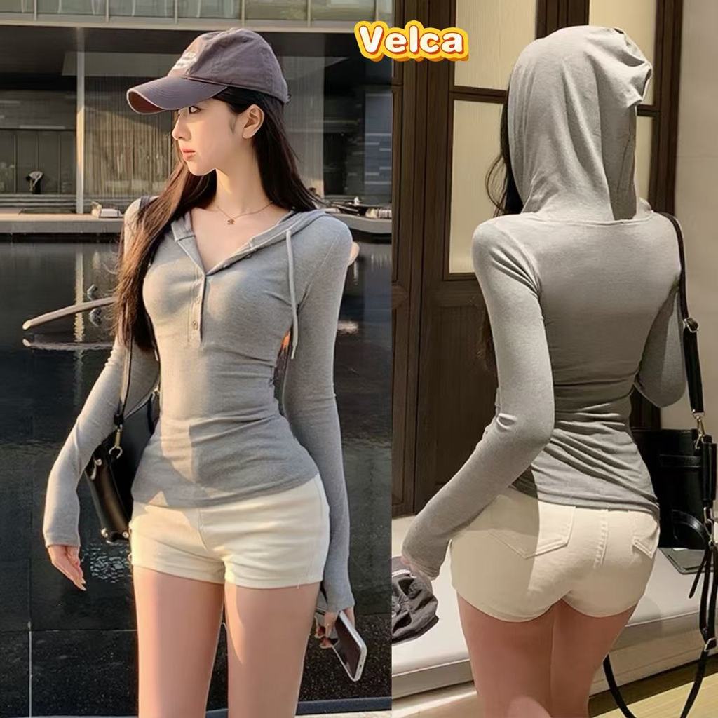 ส่งไวจากไทย เสื้อมีฮู้ด เอวเข้ารูป สไตล์หวานน่ารัก เซ็กซี่เบาๆ ผ้ายืดนุ่ม มี 3สีให้เลือก Velca