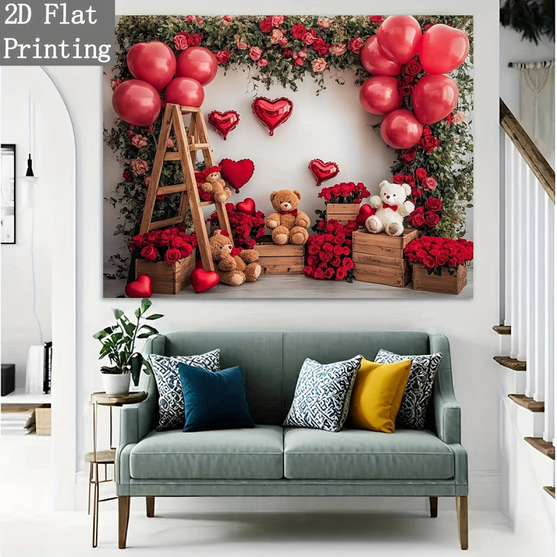 พื้นผิวแบน2ง,1ชิ้นกุหลาบแดงและบอลลูนรูปหัวใจตุ๊กตาหมีถ่ายภาพพื้นหลังผ้า--โรแมนติกวาเลนไทน์ตกแต่ง,ผ้าทนทานเหมาะงานเลี้ยงวันเกิด,ถ่ายภาพสตูดิโอพิมพ์ ความละเอียดสูง ในร่มกลางแจ้งดอกไม้พื้นหลังรูปหัวใจ, ดีไซน์แบน 2D - รูปที่ 3