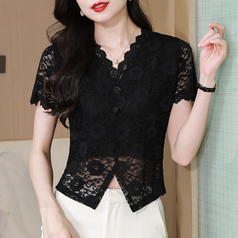 2026แฟชั่น2026สีดําVคอลูกไม้Hollow Topสุภาพสตรี2025ฤดูใบไม้ร่วงสไตล์ใหม่เซ็กซี่Slim-fit Slimmerดูแขน