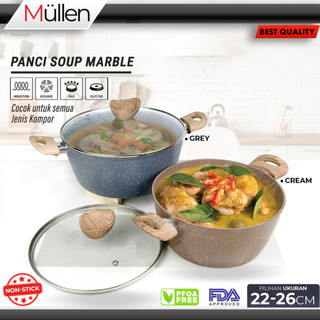 Mullen Panci Soup Tutup Kaca Induksi Marble Double Bottom Wajan Panci Sup Panci Sop Anti Lengket Ukuran 22/24/26 CM  Kedalaman 11 CM Warna Hitam/Beige
