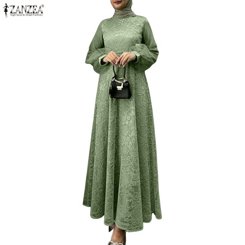 ZANZEA ผู้หญิงมุสลิมหรูหรารอบคอแขนโคมไฟกลับซิปลูกไม้โครเชต์ Maxi A-Line Dresses