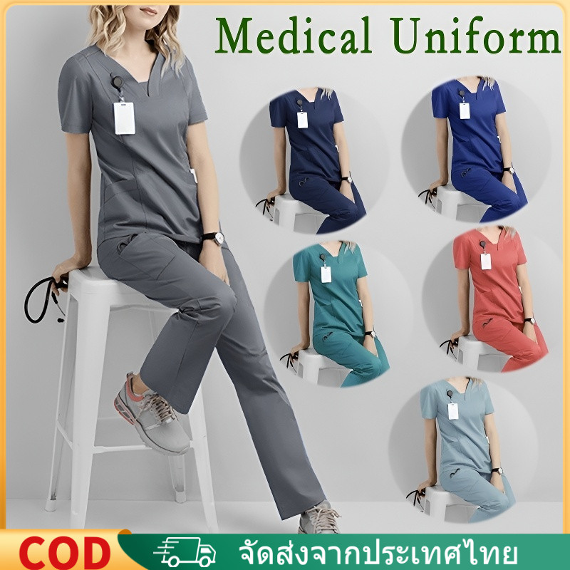 (เสื้อ+กางเกง)  ชุดอุปกรณ์ดูแลสุขภาพสตรี ชุดสครับ แขนสั้นชุดพยาบาล เครื่องแบบสำหรับร้านเสริมสวยและโรงพยาบาลทันตกรรม