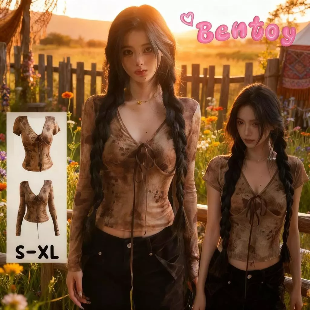 Bentoy พร้อมส่งไทย(9492/9512)เสื้อครอปผูกโปว์คอวี เซ็กซี่แฟชั่นผู้หญิง สไตล์สาวแซ่บย้อนยุคเก๋ไก๋เข้ารูป ดูแพงงานดี