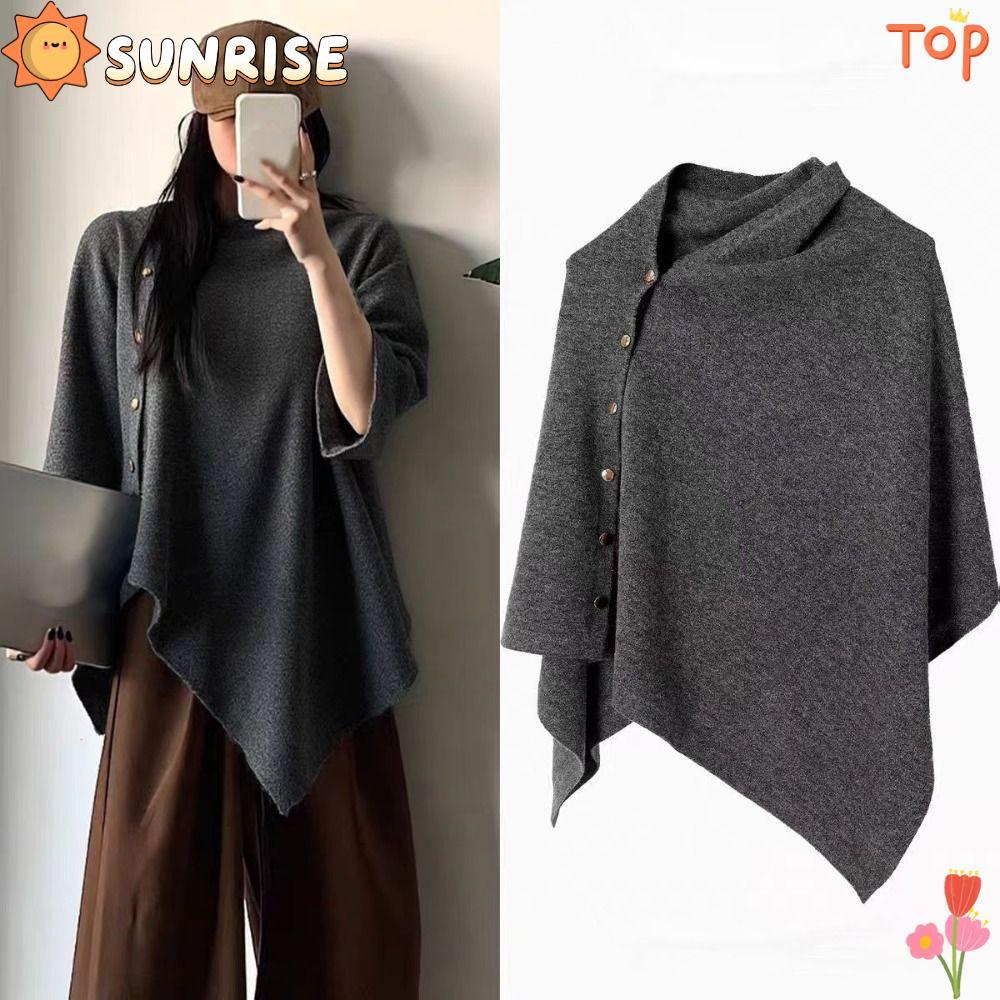 เสื้อปอนโชหนาอบอุ่น ผ้าคลุมไหล่มีปุ่ม ใส่สบายในฤดูใบไม้ร่วงและฤดูหนาว