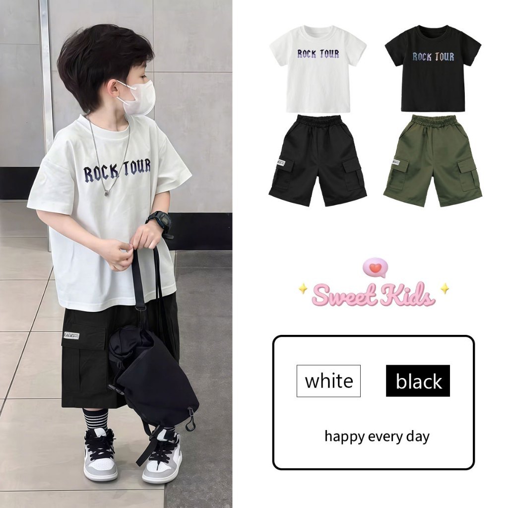 SweetKids พร้อมส่งจากกทม ชุดแฟชั่นเด็ก เสื้อผ้าเด็กผู้ชาย สไตล์เกาหลี ลายตัวอักษร  เสื้อยืด+กางเกงขาสั้น เซท 2 ชิ้น ราคา ถูกที่สุด ดีลบีเคเค