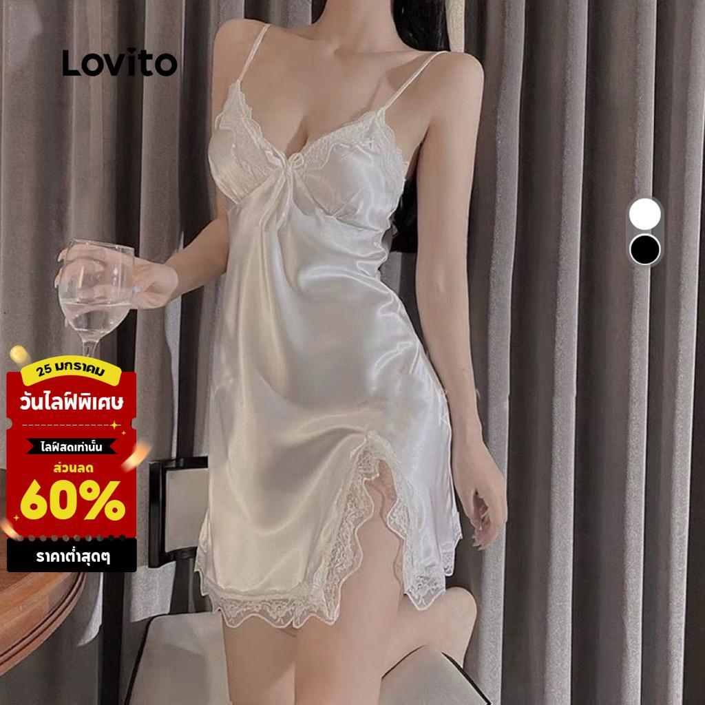 Lovito เคมีไซส์สวยงาม ลูกไม้ละเอียดและเศษ มีโบว์ เสื้อหลับสีเดียว ลูกไม้ละเอียดและเศษเซ็กซี่ สำหรับผู้หญิง LNE126094