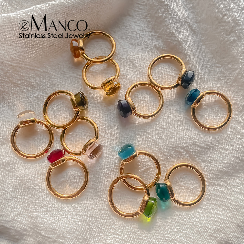 eManco แหวนสแตนเลสคริสตัลสำหรับผู้หญิง พร้อมลายสวยงาม เหมาะสำหรับงานแต่งงานและของขวัญ ไซส์ 5-9