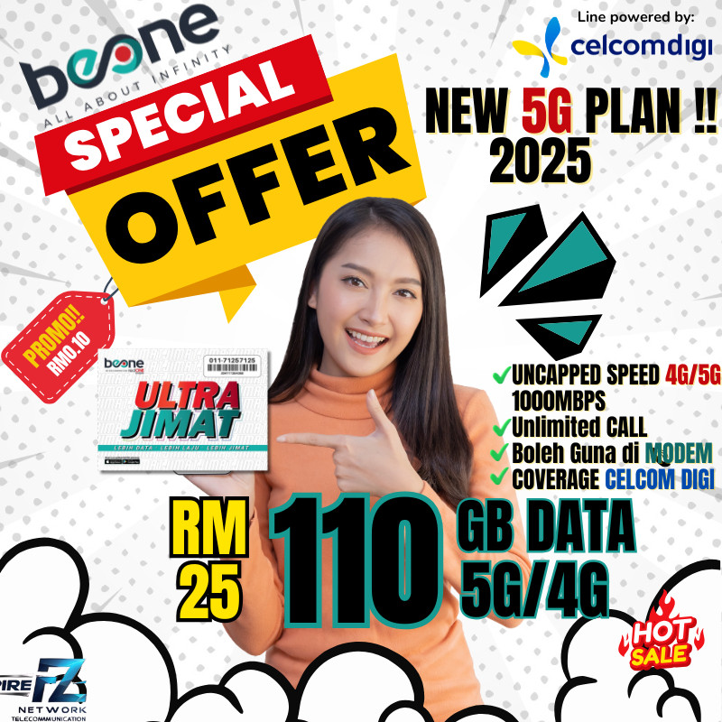สั่งซื้อล่วงหน้าข้อมูลความเร็วสูง 110GB RM25 BeONE Sim 5G di Unlimited Data & Call ke Semua Rangkaia