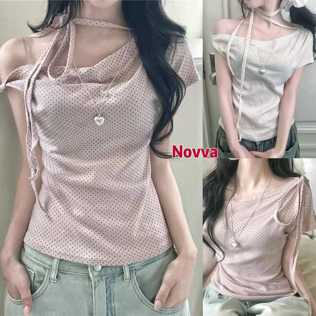 ส่งจากไทยทุกวัน ดีเทลสายผูกไหล่ เสื้อยืดผู้หญิง 2สี เสื้อยืดแขนสั้นเปิดไหล่ข้างเดียว🍄Novva