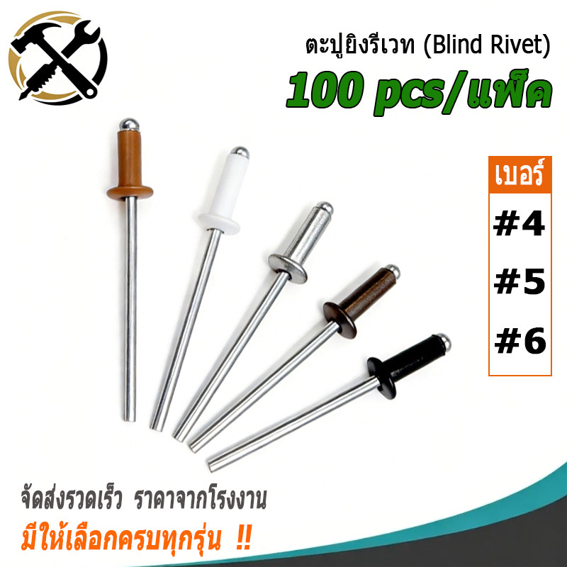 [แพ็ค 100 ตัว] ลูกรีเวทอลูมิเนียม หมุดย้ำ ตะปูยิง（Blind rivet）มีให้เลือกหลากหลายสีและรุ่น