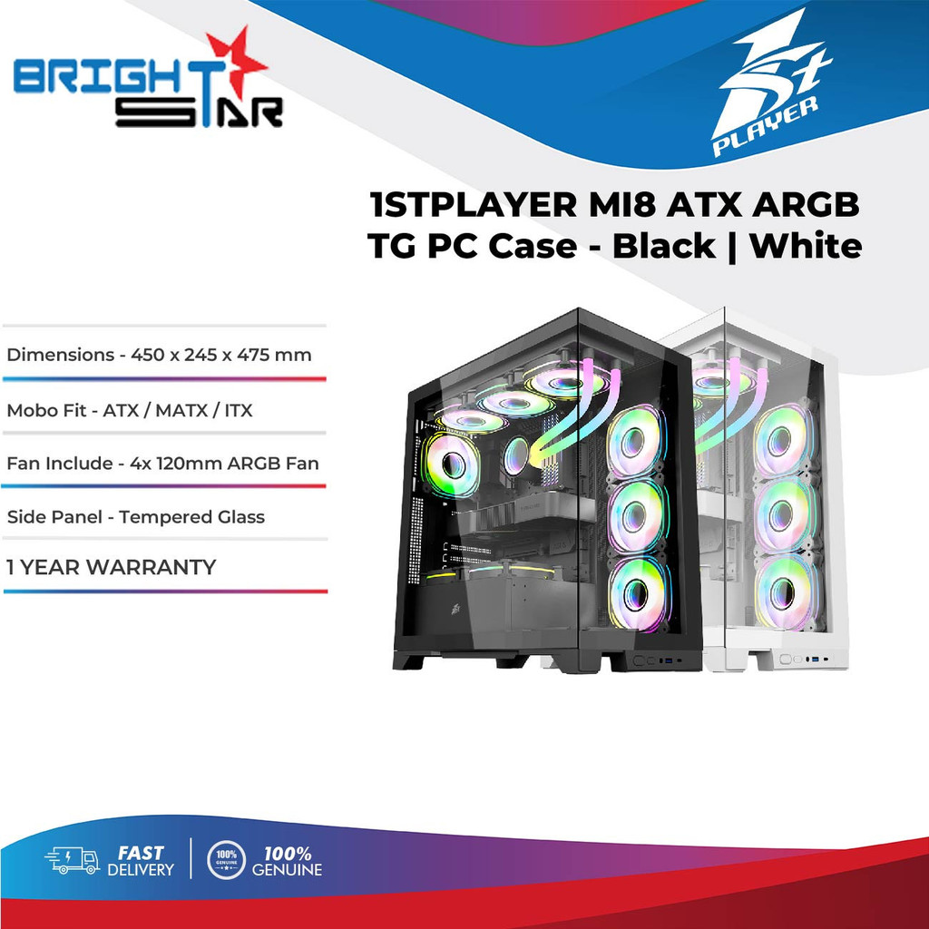 1STPLAYER MI8 ATX TG 4x 120 มม. ARGB Fans PC Case - สีดําสีขาว