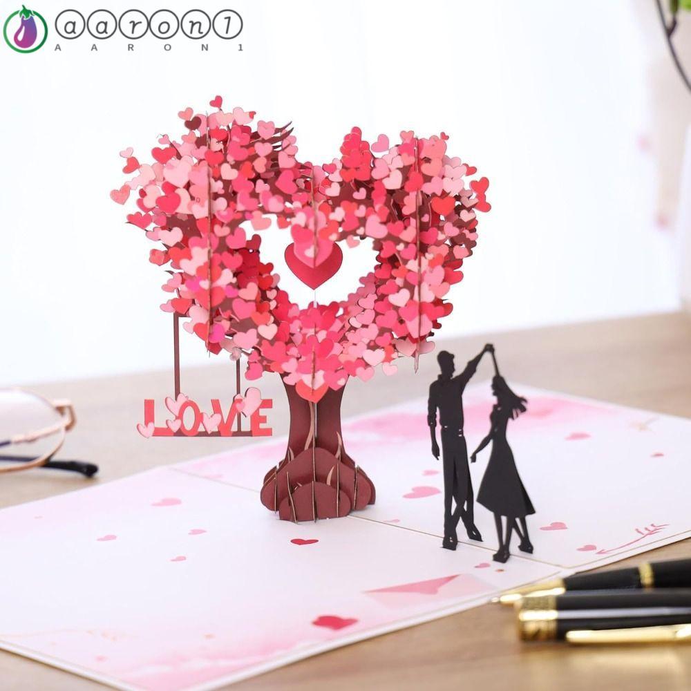 AARON1 Pop-Up การ์ดวันวาเลนไทน์, Blessing Elegant 3D Heart Tree Greeting Card, Surprise Folding Roma