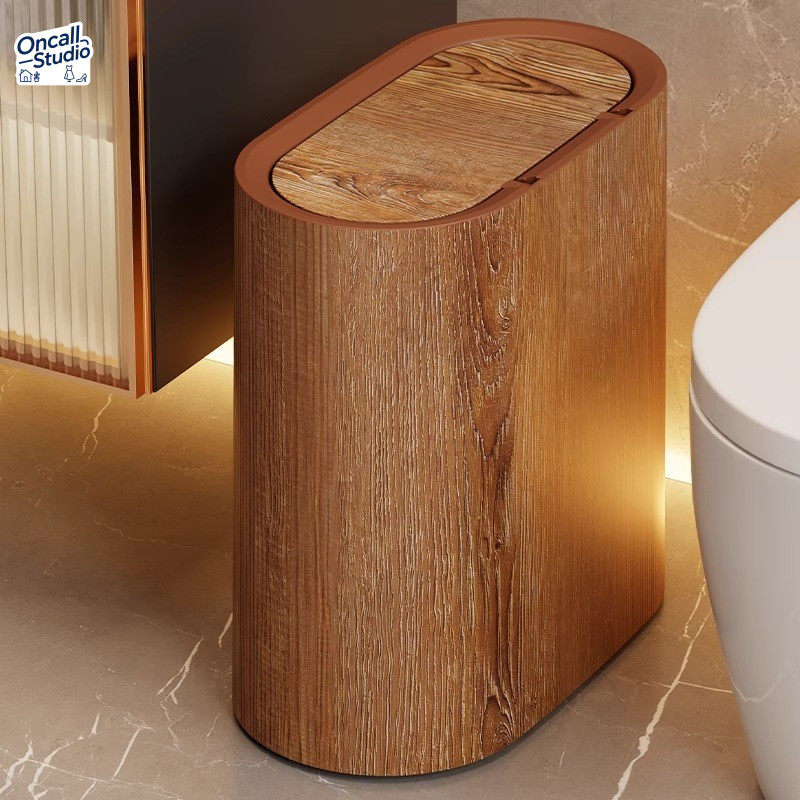 ถังขยะดีไซน์แคบ วางในช่องแคบได้! ลายไม้เทียม ฝาปิดมิดชิดกันกลิ่น สำหรับห้องน้ำและห้องรับแขก - รูปที่ 4