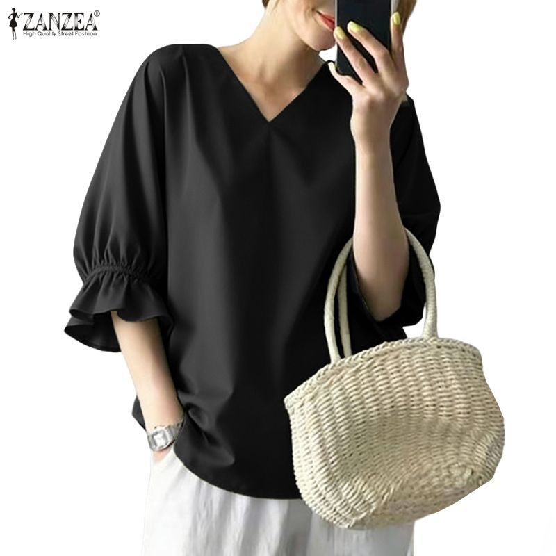 ZANZEA เสื้อผู้หญิงสไตล์เกาหลีแบบหรูหรา สตรีทั่วไป แขน 3/4 มีชายกระพุ้ง ทรงคลายตัว