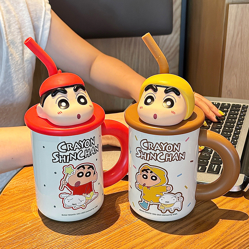 Crayon Shin-Chan เด็กนักเรียนสแตนเลสกระติกน้ําร้อนถ้วย 316 หัวฉีดซิลิโคนแบบพกพาการ์ตูนน่ารักถ้วยน้ํา