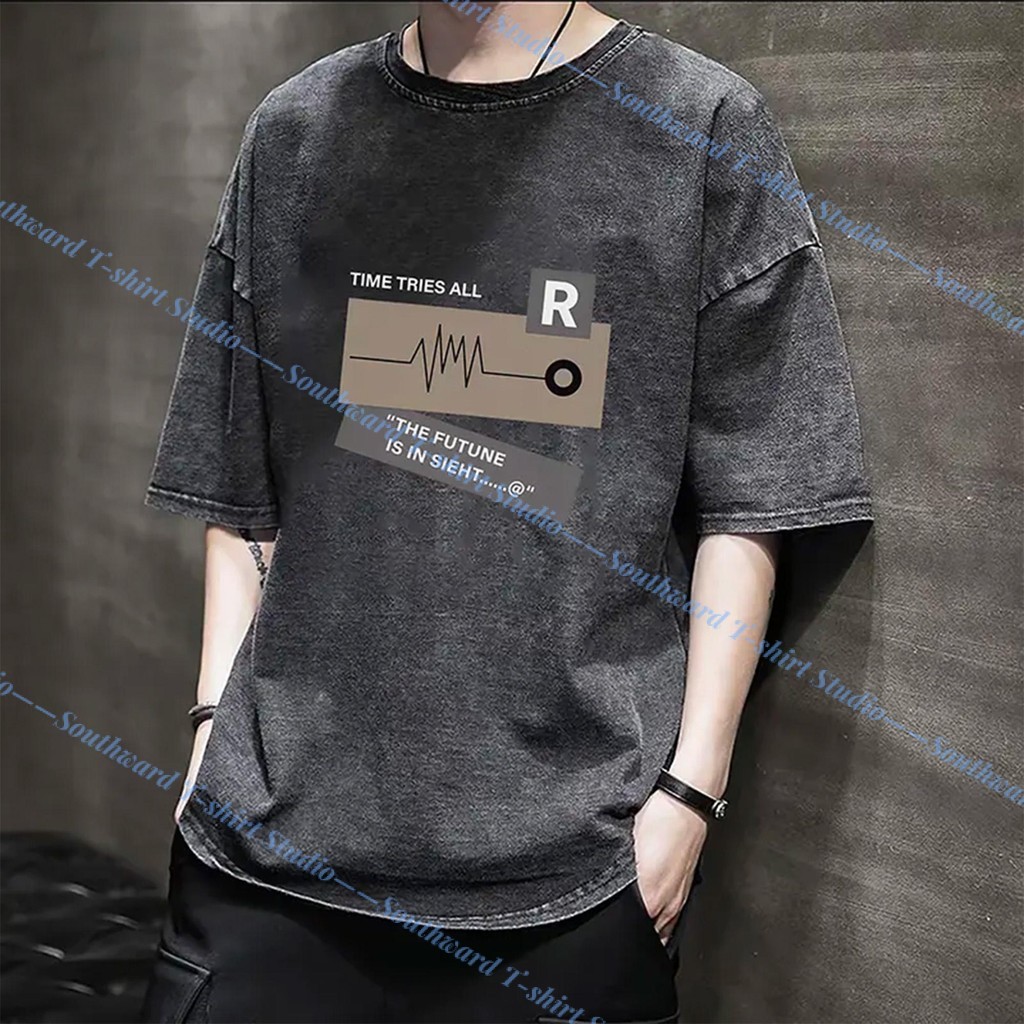 เสื้อยืด เสื้อยืดคอกลมแฟชั่น ผ้าCotton 100% Oversize ใส่สบาย ไม่ต้องรีด "TIME TRIES ALL" M-3XL
