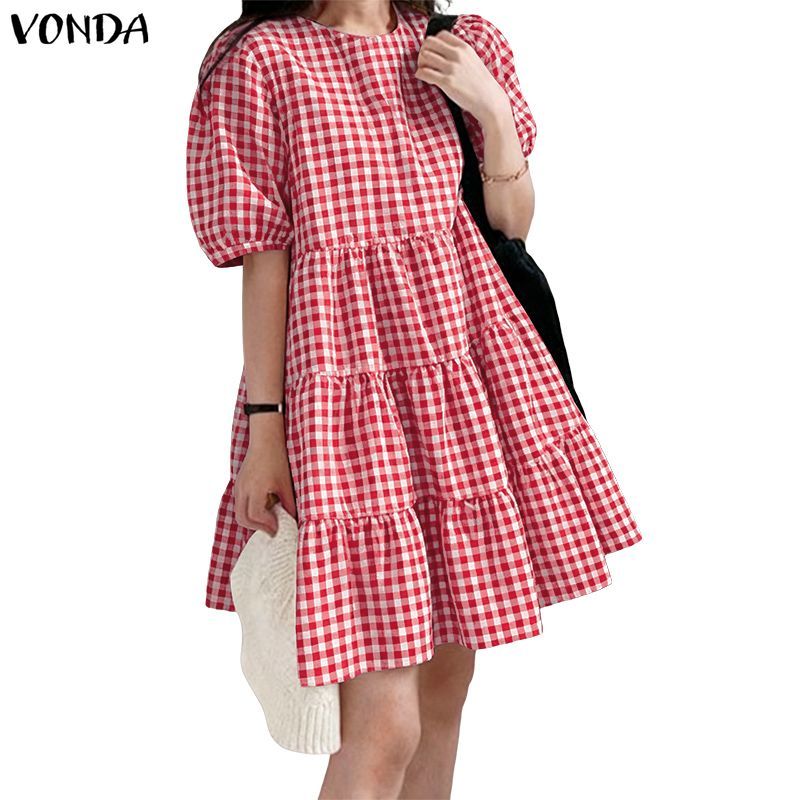 VONDA กิ๊บแกน่ารักสไตล์เกาหลี ลายสก๊อต พองที่ระบายและแขน