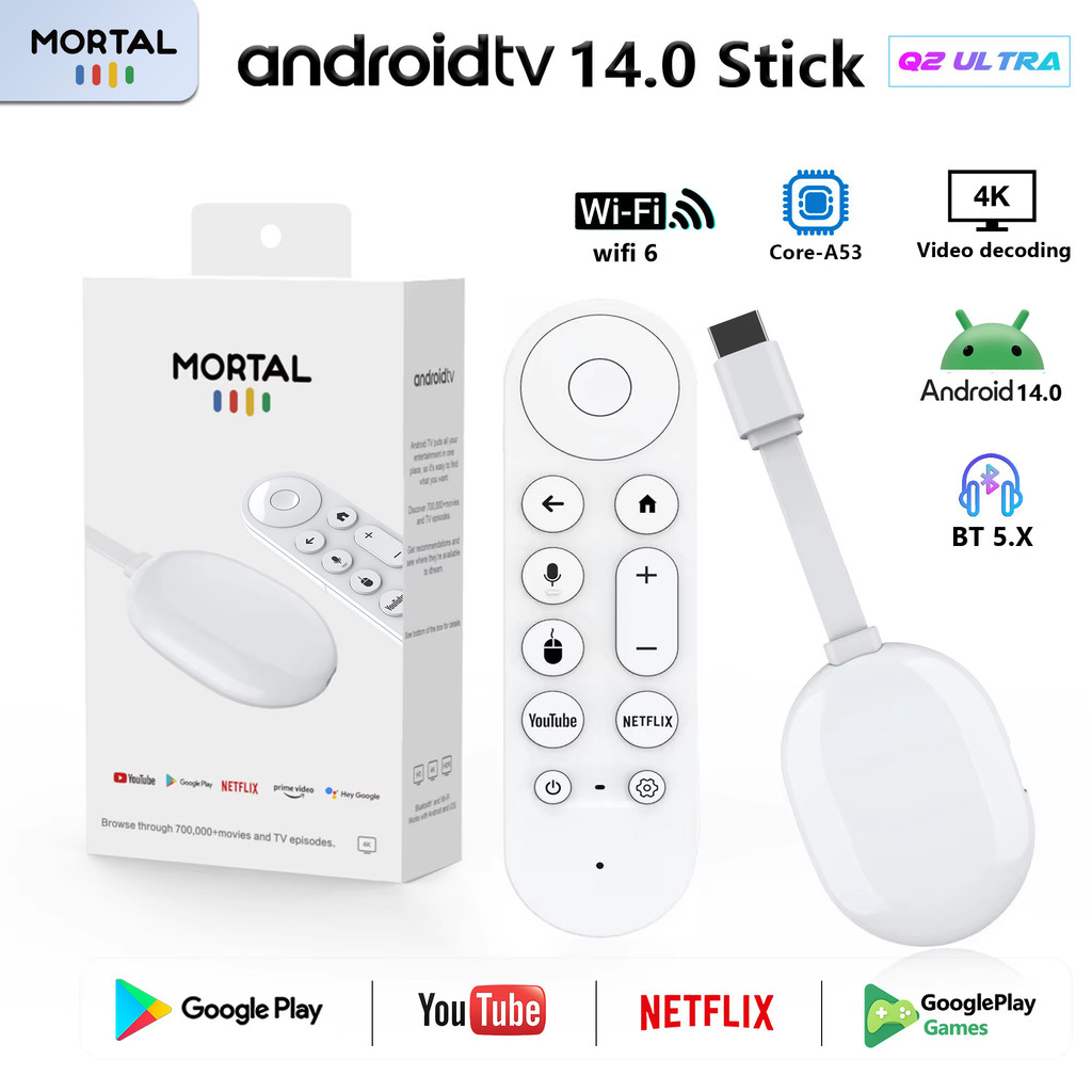 Global Version Android 14.0 Mortal TV Stick Q2 Ultra BT5.X WIFI6 สตรีมมิ่งไร้สาย HDMI หลายภาษา Rockc