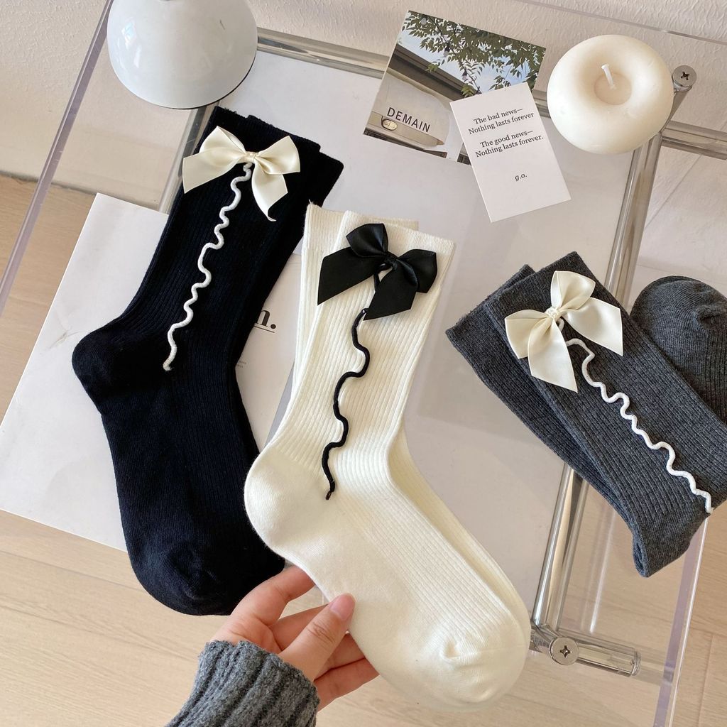 🌸ส่งใน24ชม🧦ถุงเท้าสูงถึงเข่าสไตล์ญี่ปุ่น JK ทำจากผ้าฝ้ายแท้ ตกแต่งด้วยโบว์ น่ารักและสวมใส่สบาย