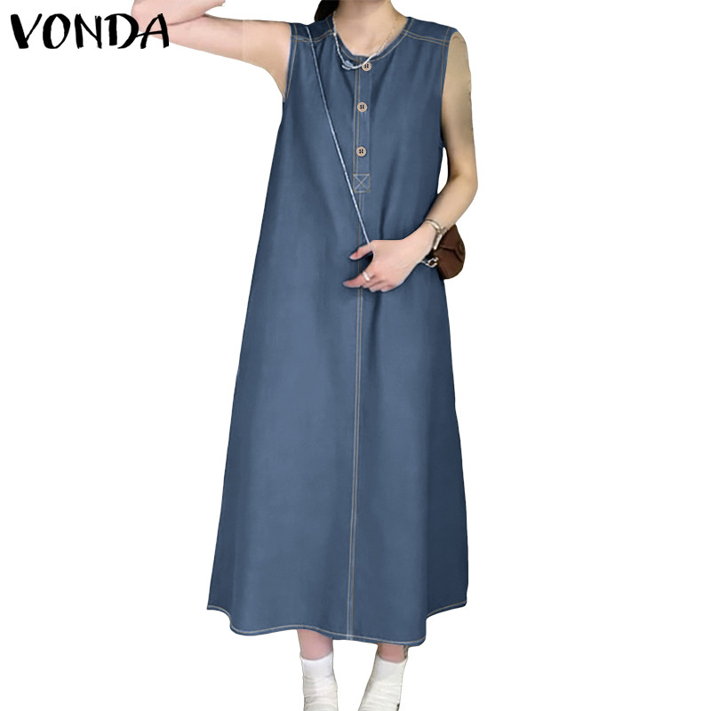 VONDA ดRESS แขนกุดสไตล์เกาหลีย้อนยุคสำหรับผู้หญิง ทรงแม็กซิ คอครึ่งปุ่ม เปิดหน้าอก สไตล์ STREET ใส่สบายในฤดูร้อน