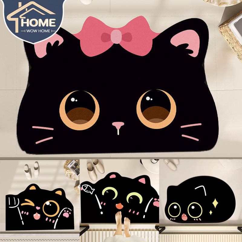 40*60cm ที่มีรูปหน้าแมวดำ เป็นพรมห้องน้ำ ที่มีรูปหน้าแมวดำ ดินไดอะตอม กันลื่น นุ่มทนทาน ซับน้ำแห้งไว