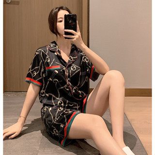 ชุดนอนผ้าไหมน้ำแข็งสำหรับผู้หญิง สไตล์หวาน กางเกงขาสั้นแขนสั…