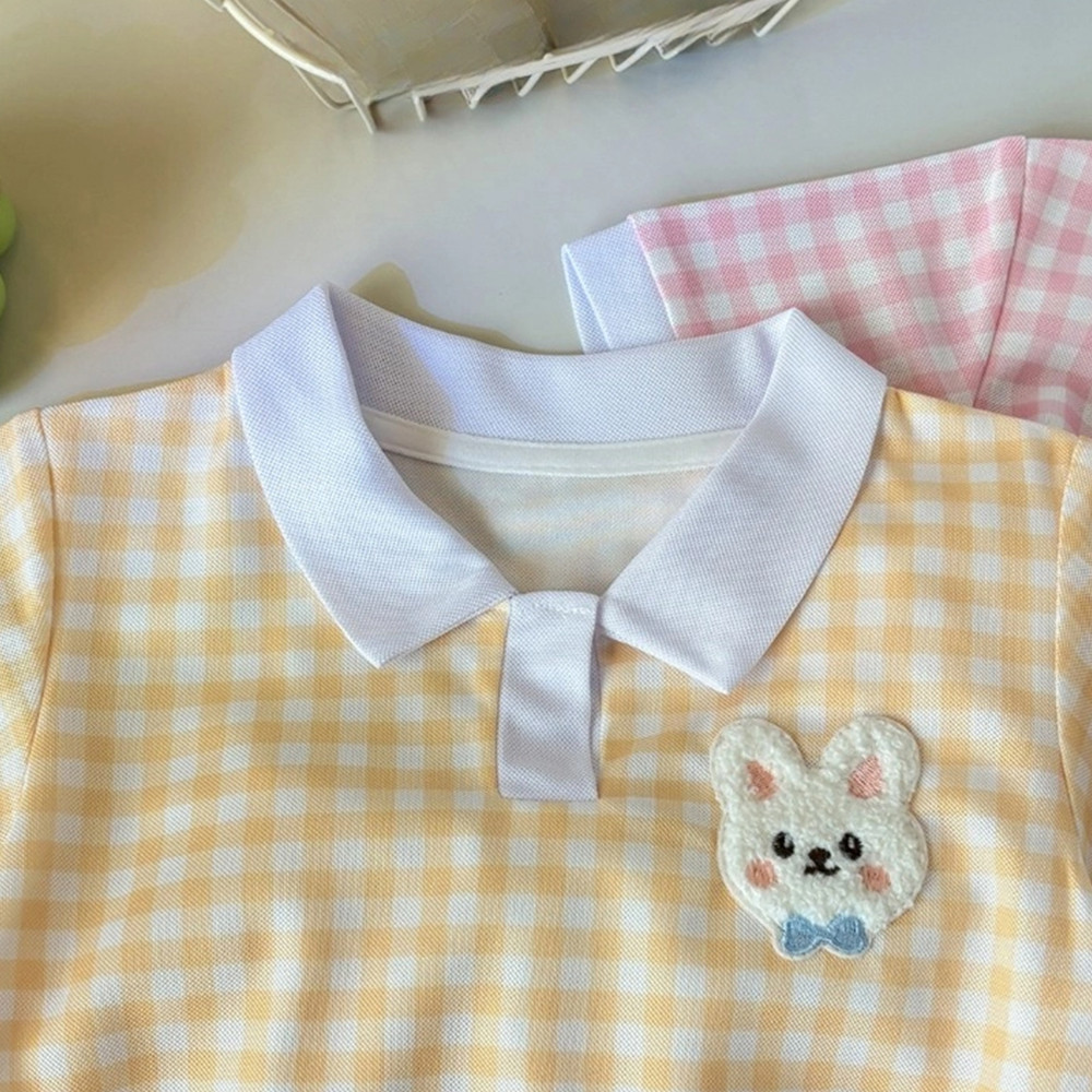 เสื้อโปโลลายตารางหมากรุกสำหรับเด็กผู้หญิง 2 ชิ้น ชุดลำลองฤดูร้อน เสื้อมีปก - รูปที่ 3