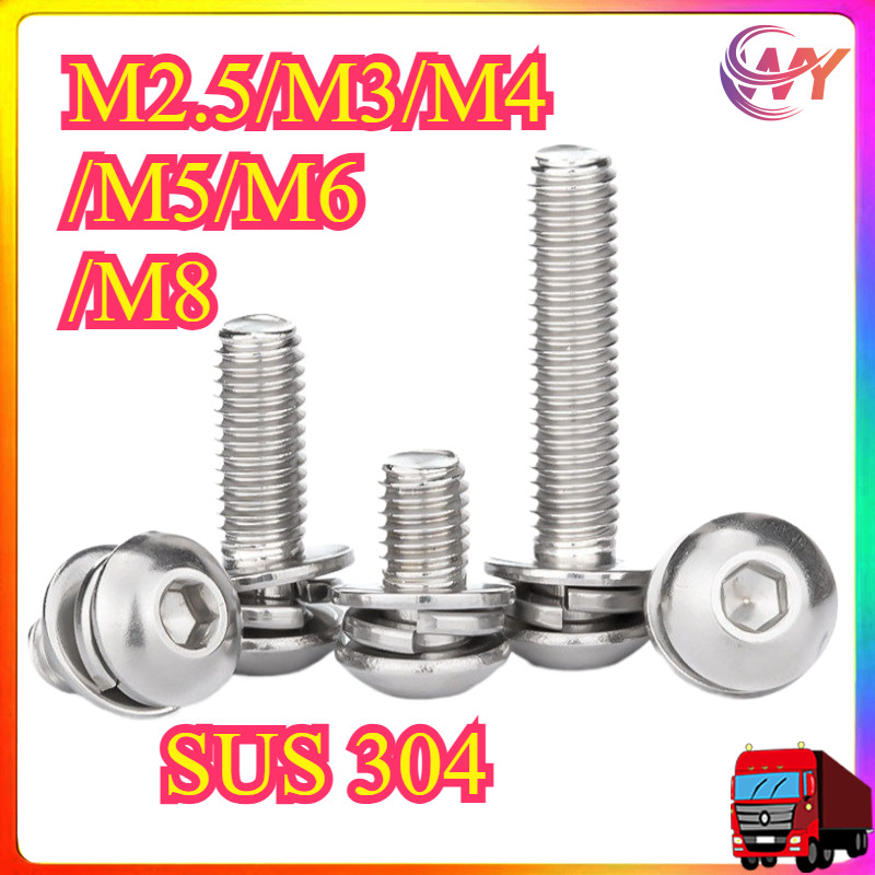 304 สแตนเลสสตีลหัวกลมหกเหลี่ยมผสมสกรูสามผสมสกรูปะเก็นแผ่นยืดหยุ่น M2.5/M3/M4/M5/M6/M8 * L5-50 มม. WY