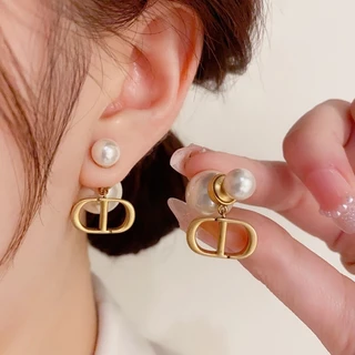 ต่างหูแฟชั่น ต่างหูเข็มเงิน S925 ประดับไข่มุก ตัวอักษรคู่ สไตล์เกาหลีใต้ สําหรับผู้หญิง E049