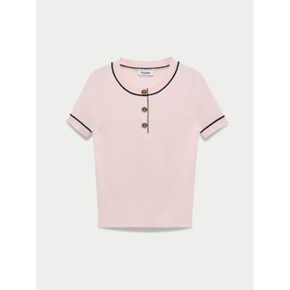 [Pomelo] เสื้อผ้าถักลายนูนแขนสั้นคอกลมแต่งกุ๊นสีตัดและกระดุม