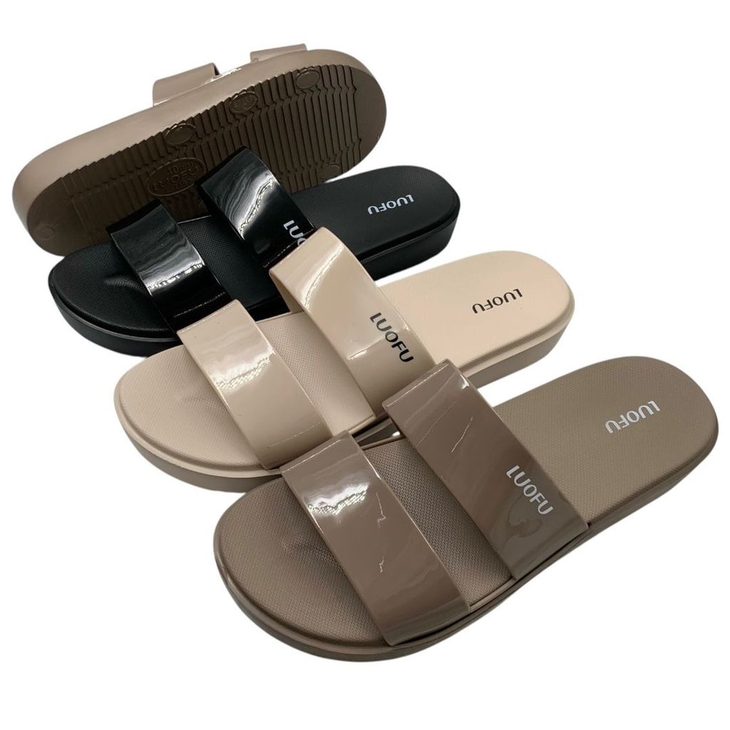 OS LUOFU Womens Glossy Plain Rubber 2-Tie Slip-On Sandals นําเข้า E7199C-BR3W (G4)