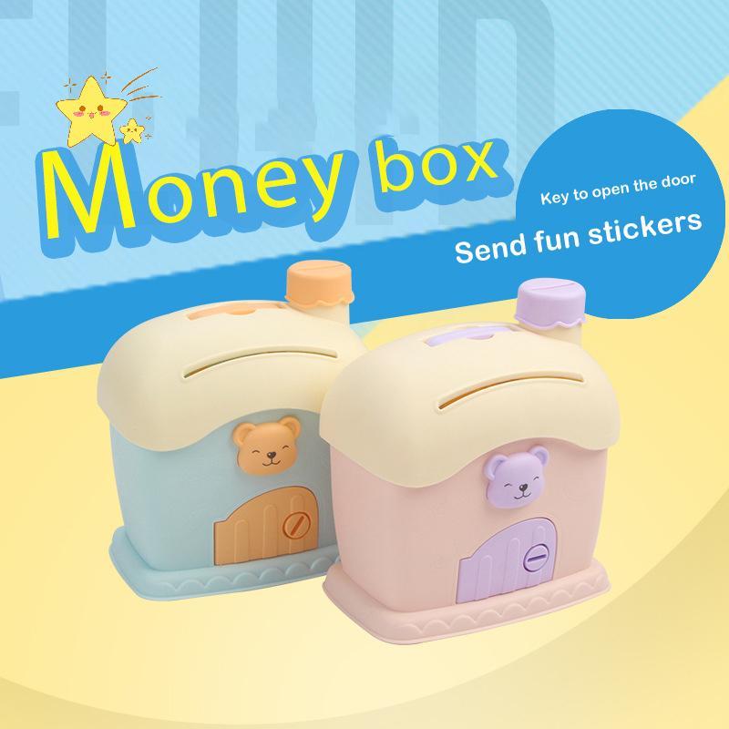 [JBTH] กระปุกออมสินหมีน่ารักการ์ตูนสแควร์พร้อม Lo และ Key น่ารักเห็ด House Piggy Bank เด็กการ์ตูนเหร