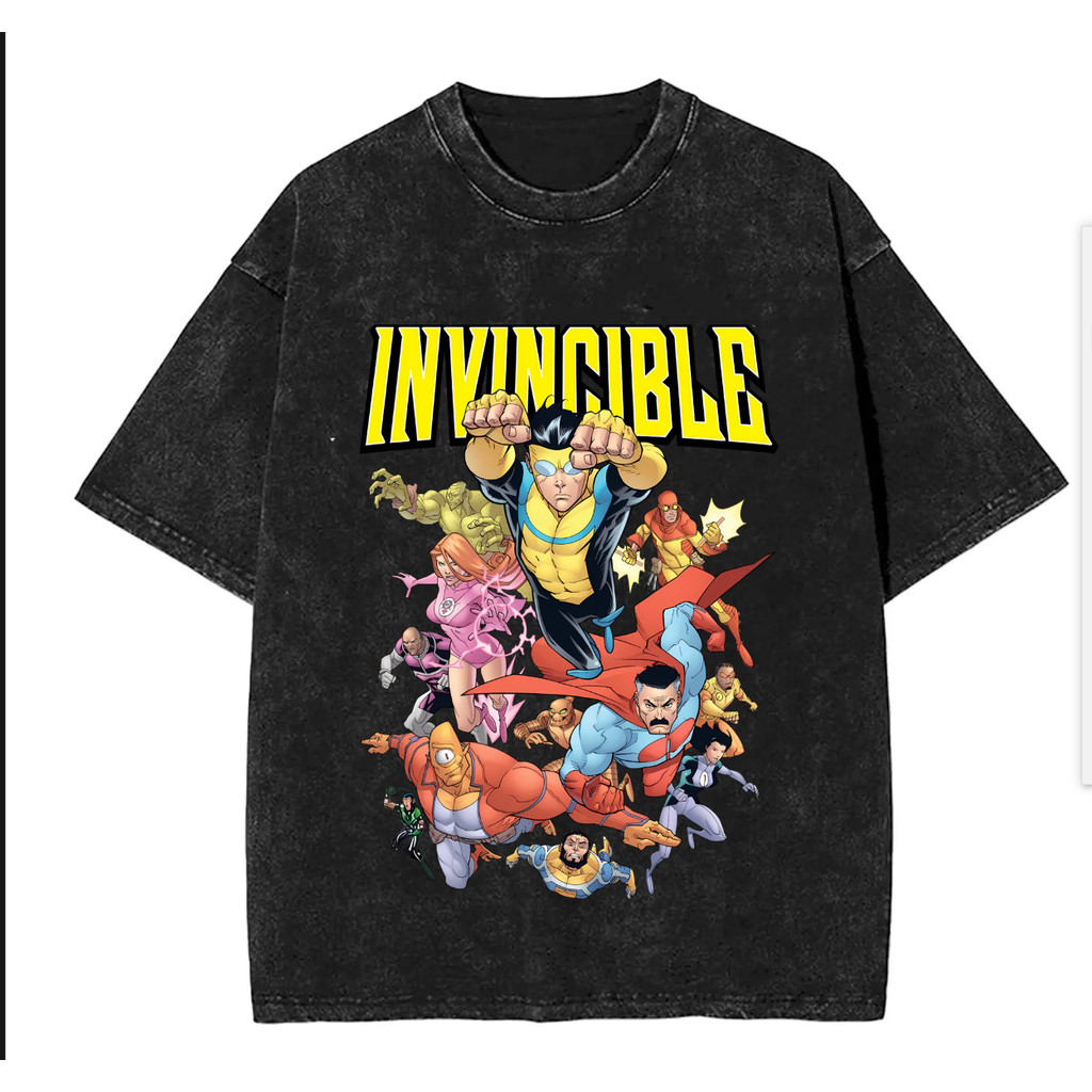 การ์ตูน Invincible กราฟิก 100% Heavyweight cotton Washed short-SLEEVE เสื้อยืดสําหรับผู้ชาย