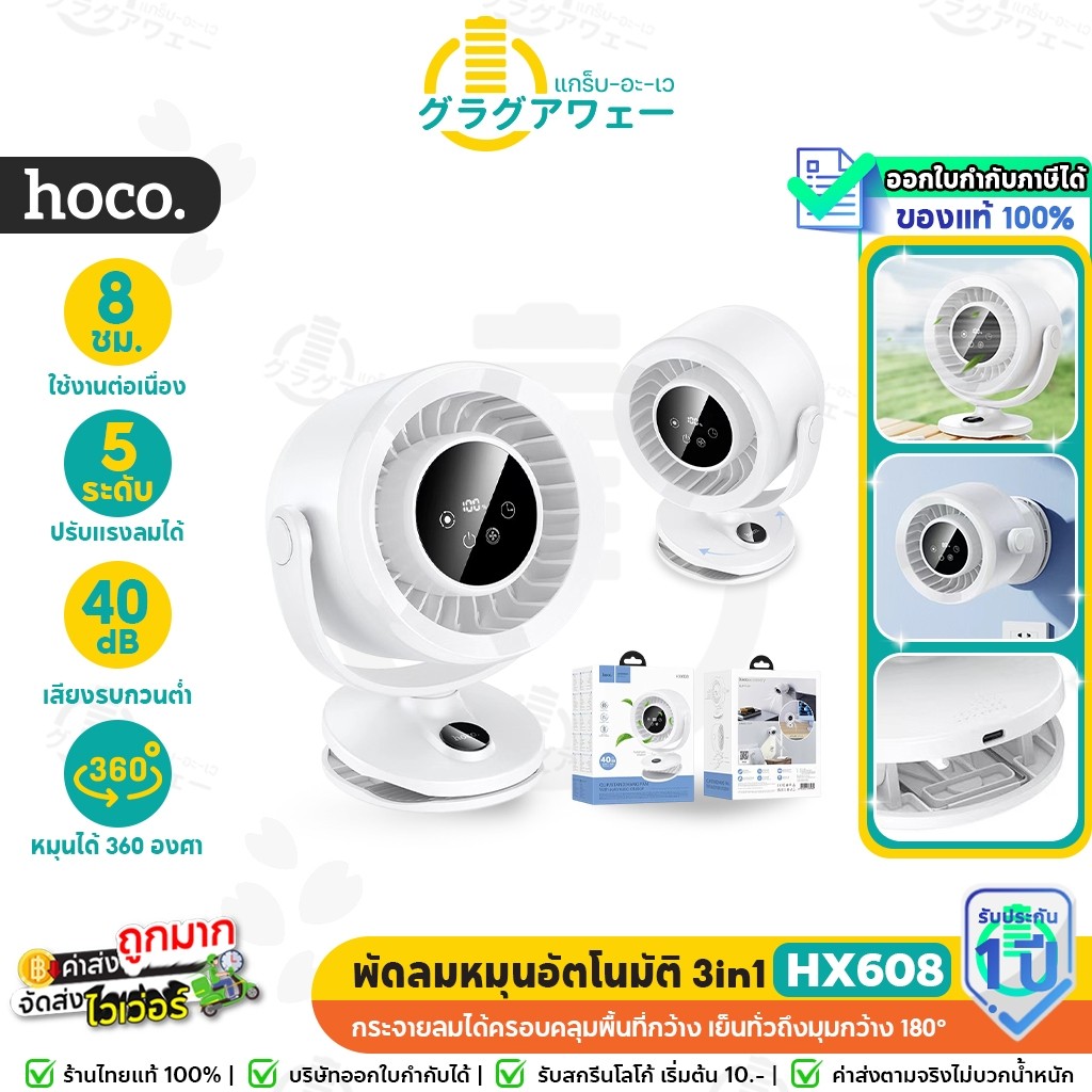 HOCO HX608 พัดลม หมุนอัตโนมัติ  ตั้งโต๊ะ / คลิปหนีบ / แขวนผนัง แบต 3600mAh เสียงเงียบ 40dB ปรับแรงลม