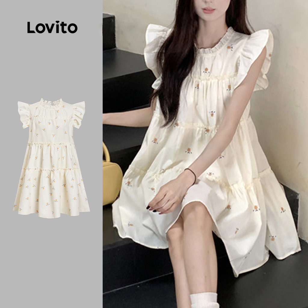 (แคชชวล) Lovito ชุดเดรสเดรปชั้นผูกโบว์ลายดอกไม้สําหรับผู้หญิง เกาหลี อินเทรนด์ L177AD880