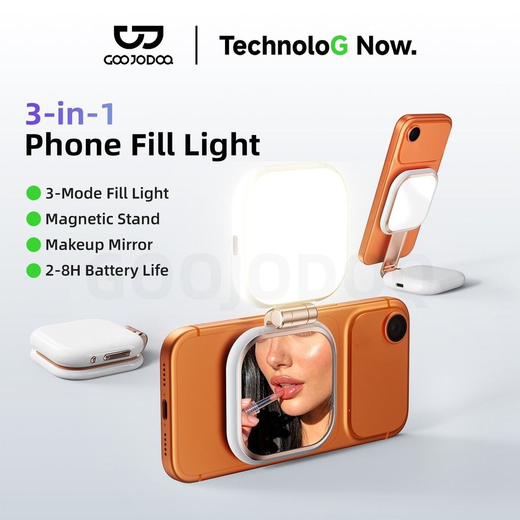 GOOJODOQ ตัดออก 3-ใน-1 โทรศัพท์เติมแสงแม่เหล็กที่แข็งแกร่งยืนกระจกแต่งหน้า 360° การหมุน 2-8H Battery