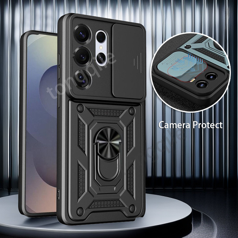 สําหรับ Samsung Galaxy S26 Ultra Plus S26 + S26U 5G 2026 เคสโทรศัพท์ฝาหลังกันชนกันกระแทกแหวนรถขาตั้งวงเล็บสไลด์หน้าต่างกล้องป้องกันขอบนุ่ม Hard PC