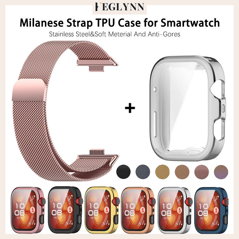 สายข้อมือโลหะพร้อมเคส TPU for Smartwatch Huawei Watch Fit 4 Pro / 4 /3 ผู้ป้องกันหน้าจออ่อนฝากกันชนแถบแม่เหล็กสแ