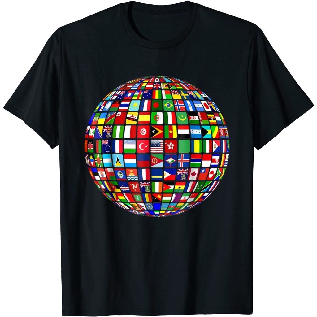 แฟชั่นจัดส่งทันที เสื้อยืดสีพื้นไซส์ใหญ่ World Map Of Flags Globe Atlas Tshirt Flags Of The World di