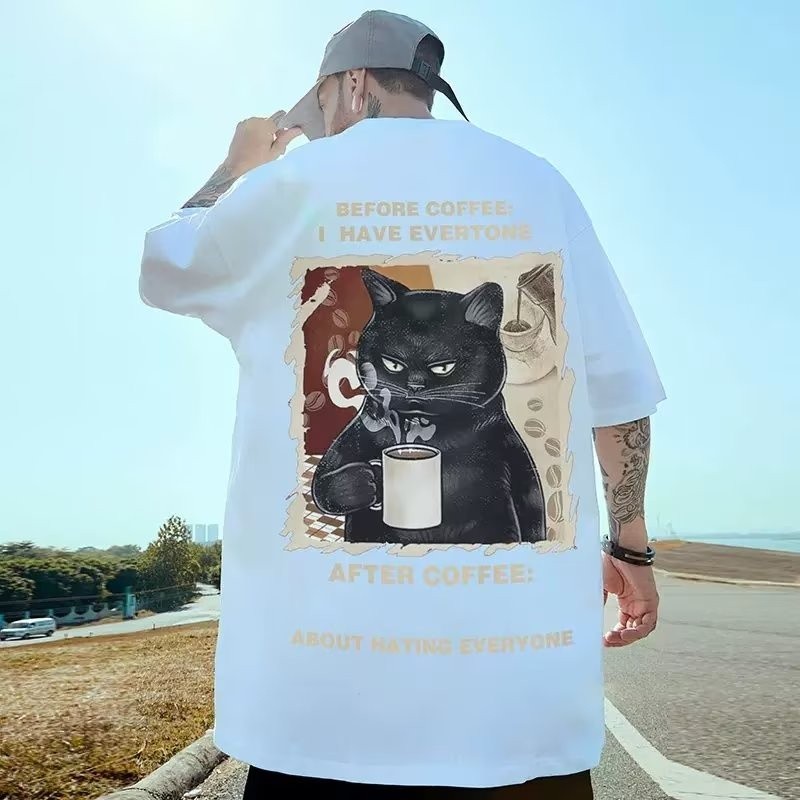 แฟชั่น【M-8XL 】Cotton 2024 New Short Sleeved T-shirt with Coffee Cat Print Men's Plus Size Fashion Lo