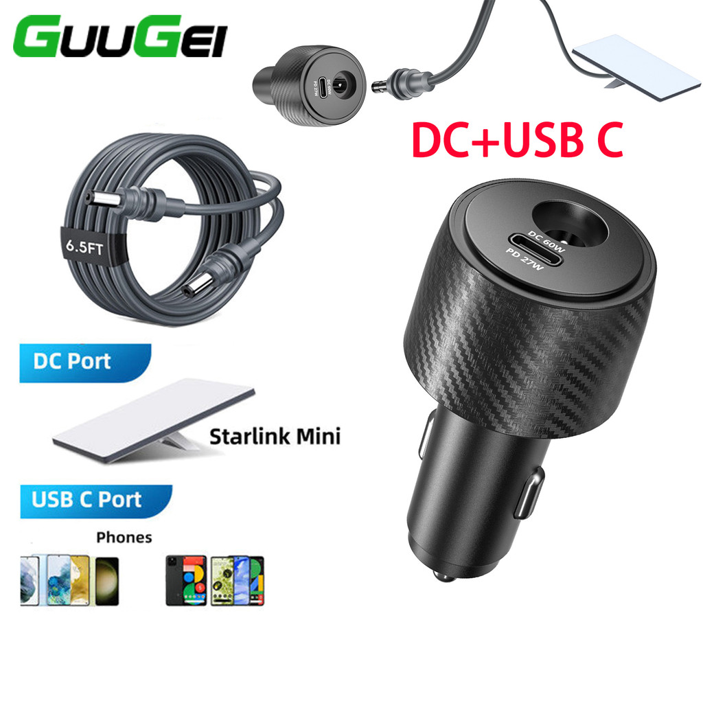 Guugei Starlink Mini Car Charger 30V 2A DC + USB C 27W Car Charger Adapter