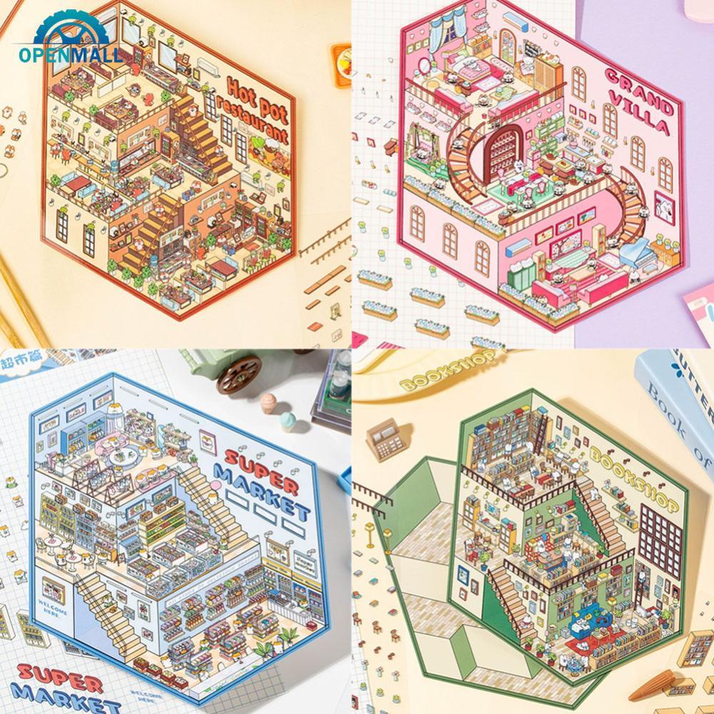 OPENMALL Villa ซูเปอร์มาร์เก็ตฉากขนาดใหญ่ 3D ภูมิทัศน์สติกเกอร์ฉากขนาดเล็ก Hand-Pasted Collage DIY ส
