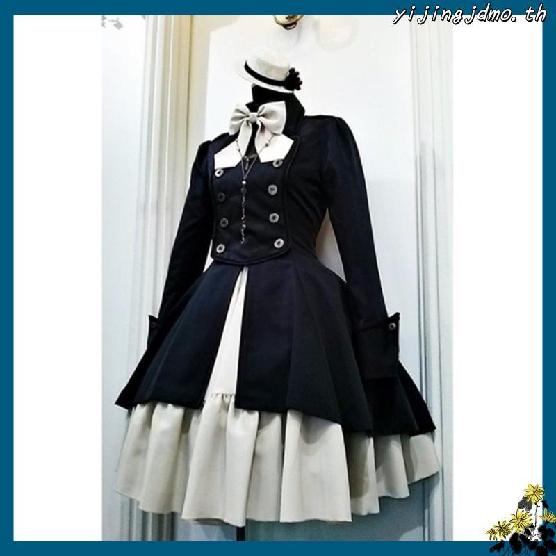 Women Vintage Gothic Lolita Cosplay Costume Dress Bow Tie Button Long Sleeve Party Dress