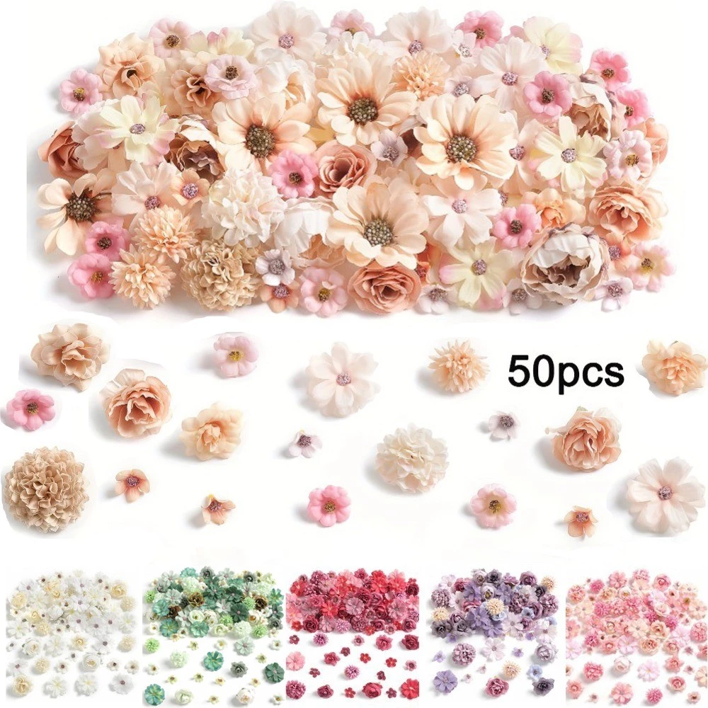 5/20/40/50 ชิ้น Faux ดอกไม้หัวชุดแชมเปญประดิษฐ์ดอกไม้หัวปลอม Peony Daisy Rose ดอกไม้ Multicolor ผ้าไหมสําหรับ Craft Garland งานแต่งงาน DIY Graduation Decor