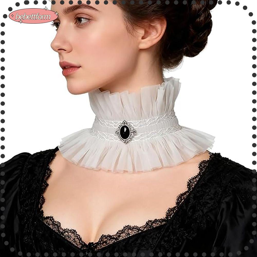 BEBETTKISS Gothic Collar, Ruffle Black White Lace Jabot Collar, เครื่องประดับคอ Victorian Style Gem 