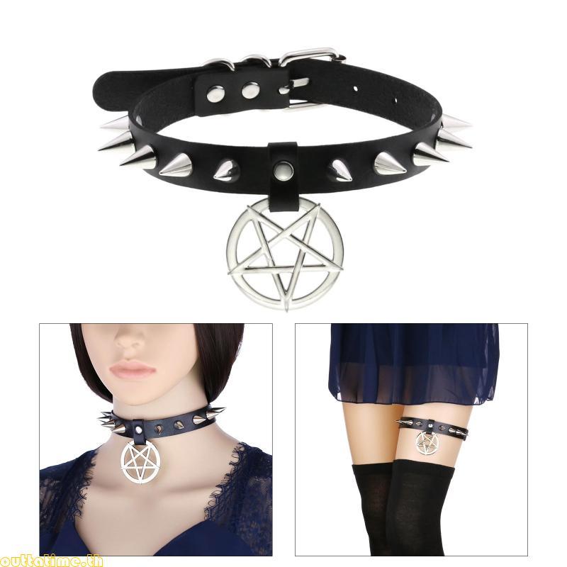 Time Gothic Rivets สร้อยคอหนัง Pu สายคล้องคอ Choker Spike Studded Punk Rock Biker สร้อยคอคอ Pentasta