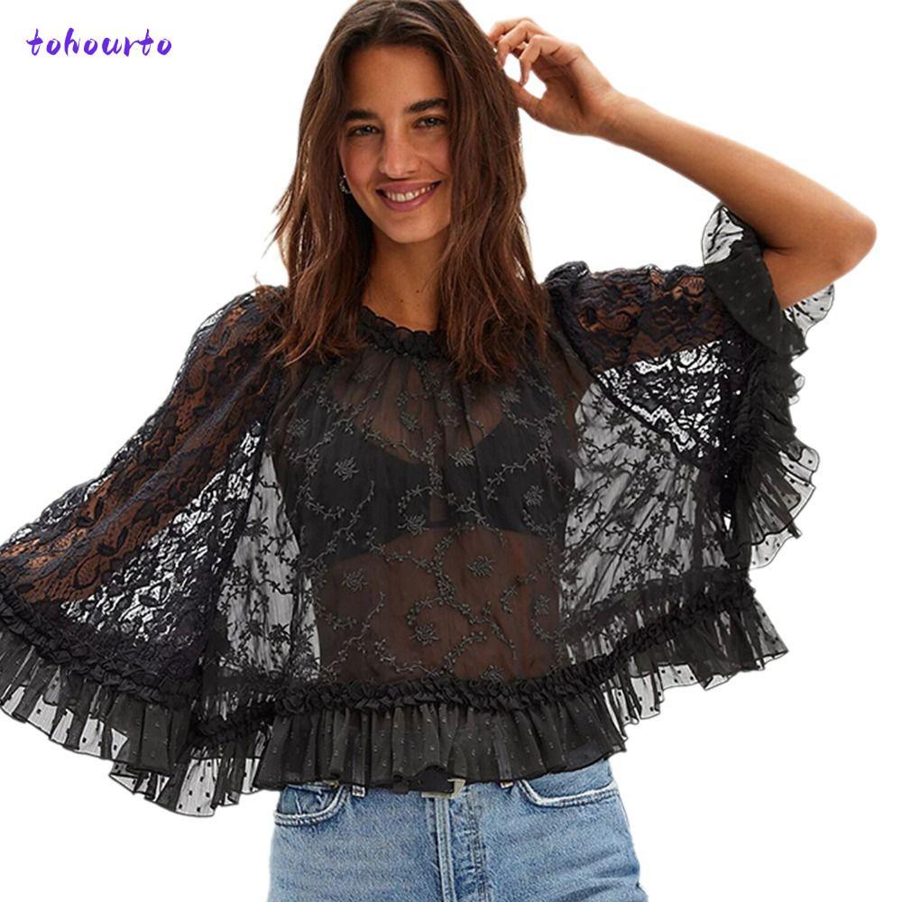 TOHOURTO แขนยาว, Y2k ลูกไม้ Sheer Ruffle Trim เสื้อ, O คอปุ่ม Crop Tops ผู้หญิง